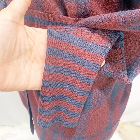 Ted Baker Maroon Red and Navy Blue Checkered Longline Belted Cardigan - Picture 10 of 15